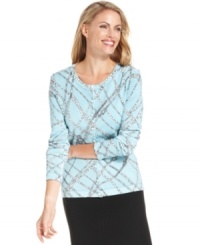 Charter Club's posh cardigan features an allover pearl and chain print for a touch of luxury. Charter Club's posh cardigan features an allover pearl and chain print for a touch of luxury.