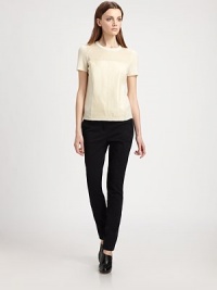 A supple leather panel and chiffon yoke detail add sophistication to this luxurious silk and cashmere style.Rib-knit crewneck and cuffsShort sleevesLeather front panelBack keyhole with hook-and-eye closureAbout 23 from shoulder to hemBody: silkSleeves and neckline: cashmereDry cleanImported of Italian fabricModel shown is 5'10 (177cm) wearing US size Small. A supple leather panel and chiffon yoke detail add sophistication to this luxurious silk and cashmere style.Rib-knit crewneck and cuffsShort sleevesLeather front panelBack keyhole with hook-and-eye closureAbout 23 from shoulder to hemBody: silkSleeves and neckline: cashmereDry cleanImported of Italian fabricModel shown is 5'10 (177cm) wearing US size Small.