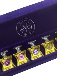 A quintet of Bond No. 9 favorites, these eau de parfum miniatures (ideal for travel) stand at the ready in their transparent bottles, secured in their velvet jewel box. This is the ideal gift for the frequent flyer who rotates her travel scents from trip to trip. Scents: Bleecker Street, Chinatown, The Scent of Peace, Madison Square Park and Central Park West. 0.17 oz. each. Made in USA. A quintet of Bond No. 9 favorites, these eau de parfum miniatures (ideal for travel) stand at the ready in their transparent bottles, secured in their velvet jewel box. This is the ideal gift for the frequent flyer who rotates her travel scents from trip to trip. Scents: Bleecker Street, Chinatown, The Scent of Peace, Madison Square Park and Central Park West. 0.17 oz. each. Made in USA.