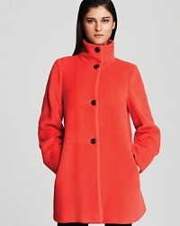 In vibrant flame, Armani's wool and cashmere blend coat lends a soft hand with a bold look. With timeless quality and forward style, this coat doesn't disappoint. In vibrant flame, Armani's wool and cashmere blend coat lends a soft hand with a bold look. With timeless quality and forward style, this coat doesn't disappoint.