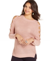 A cool approach to the classic knit layer, Pretty Rebellious' cutout sleeve sweater ushers out favorite skin-baring summer detail seamlessly into fall. A cool approach to the classic knit layer, Pretty Rebellious' cutout sleeve sweater ushers out favorite skin-baring summer detail seamlessly into fall.