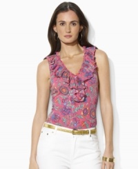 A vibrant pattern and delicate ruffles enliven Lauren Jeans Co.'s top, crafted from soft cotton jersey. A vibrant pattern and delicate ruffles enliven Lauren Jeans Co.'s top, crafted from soft cotton jersey.