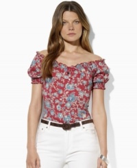 A bohemian smocked neckline and soft cotton jersey construction make this petite peasant tee from Lauren by Ralph Lauren an essential for the season. A bohemian smocked neckline and soft cotton jersey construction make this petite peasant tee from Lauren by Ralph Lauren an essential for the season.