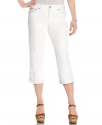 Style&co. puts a twist on white denim capri pants with edgy studs and a touch of rhinestone sparkle! Extra tummy control ensures a smooth silhouette, too. Style&co. puts a twist on white denim capri pants with edgy studs and a touch of rhinestone sparkle! Extra tummy control ensures a smooth silhouette, too.