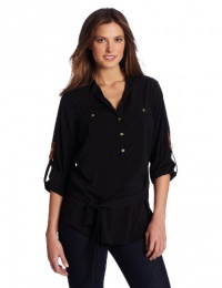 Calvin Klein Women's Solid Roll Sleeve Henley, Black, Small Calvin Klein Women's Solid Roll Sleeve Henley, Black, Small