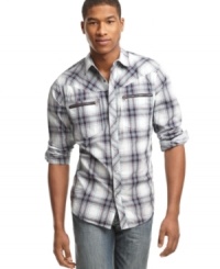 Play up pattern with this modern casual shirt from Marc Ecko Cut & Sew. Play up pattern with this modern casual shirt from Marc Ecko Cut & Sew.