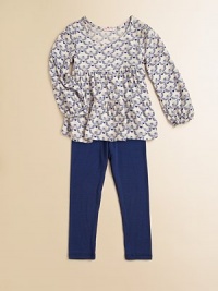 She'll be a hoot in this charming two-piece set featuring an owl-motif tunic and matching leggings. Shirt Scoop neckLong sleeves with gathered cuffsAsymmetrical ruffle hem Leggings Pull-on styleRayonMachine washImported She'll be a hoot in this charming two-piece set featuring an owl-motif tunic and matching leggings. Shirt Scoop neckLong sleeves with gathered cuffsAsymmetrical ruffle hem Leggings Pull-on styleRayonMachine washImported