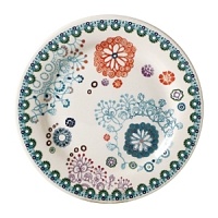 Sultana is a graphic and contemporary design in turquoise, orange, navy, and lavender inspired by laces of the Orient.
