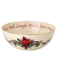 Begin a cherished holiday tradition with this sentimental Winter Greetings serving bowl. A red cardinal perched on ribbon-wrapped holly is fresh and lively on snowy white china. Friends & Family Gather Here adorns the bowl's interior. From Lenox's collection of serveware and serving dishes. Begin a cherished holiday tradition with this sentimental Winter Greetings serving bowl. A red cardinal perched on ribbon-wrapped holly is fresh and lively on snowy white china. Friends & Family Gather Here adorns the bowl's interior. From Lenox's collection of serveware and serving dishes.