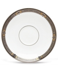 For nearly 150 years, Lenox has been renowned throughout the world as a premier designer and manufacturer of fine china. The Vintage Jewel pattern from Lenox's dinnerware and dishes collection evokes a more gracious era, combining pure white bone china with a dark, richly patterned band of muted gold, taupe, charcoal, and black, and accented with subtle touches of cobalt blue. For nearly 150 years, Lenox has been renowned throughout the world as a premier designer and manufacturer of fine china. The Vintage Jewel pattern from Lenox's dinnerware and dishes collection evokes a more gracious era, combining pure white bone china with a dark, richly patterned band of muted gold, taupe, charcoal, and black, and accented with subtle touches of cobalt blue.