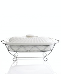 Serve your warm delicacies with grand style in this porcelain covered baker (shown back) with pewter serving rack. Serve your warm delicacies with grand style in this porcelain covered baker (shown back) with pewter serving rack.