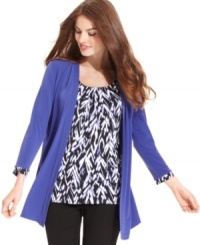 Get an easy layered look in one chic top from JM Collection! The bold color and printed inset make it a great match with basic pants in khaki or black! Get an easy layered look in one chic top from JM Collection! The bold color and printed inset make it a great match with basic pants in khaki or black!