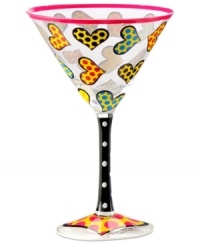 Create a festive party atmosphere the distinct pop art that adorns Romero Britto's martini glass. Hearts and dots scream fun on your table and also on display. With single heart on base. Create a festive party atmosphere the distinct pop art that adorns Romero Britto's martini glass. Hearts and dots scream fun on your table and also on display. With single heart on base.