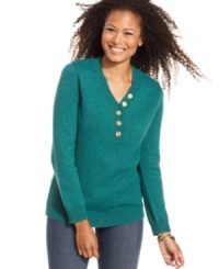 Karen Scott's soft sweater features marled knit and a chic V-neckline. Pair it with jeans for essential weekend style! Karen Scott's soft sweater features marled knit and a chic V-neckline. Pair it with jeans for essential weekend style!