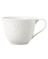 An elegant white-on-white pattern featuring an embossed vine motif and interior glaze lends this Opal Innocence Carved cup to refined dining every day. An elegant white-on-white pattern featuring an embossed vine motif and interior glaze lends this Opal Innocence Carved cup to refined dining every day.