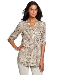 Calvin Klein Women's Printed Crew Roll Sleeve, Birch Combo, X-Small Calvin Klein Women's Printed Crew Roll Sleeve, Birch Combo, X-Small