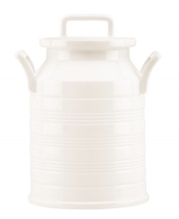From farm to table, this Milk Can canister acts as both storage and decoration for country-style kitchens. Subtle detailing echoes the ringed Tin Can Alley dinnerware motif in creamy white porcelain. From farm to table, this Milk Can canister acts as both storage and decoration for country-style kitchens. Subtle detailing echoes the ringed Tin Can Alley dinnerware motif in creamy white porcelain.