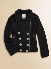 Keep your little girl snug as a bug in this ultra-cool, ultra-cozy topper with an oversized faux fur collar and zip pockets in a double-breasted silhouette.Oversized faux fur collarShoulder epaulettesLong sleevesZip-frontZip slash pocketsBack yokePolyester/Rayon/SpandexDry cleanImported Keep your little girl snug as a bug in this ultra-cool, ultra-cozy topper with an oversized faux fur collar and zip pockets in a double-breasted silhouette.Oversized faux fur collarShoulder epaulettesLong sleevesZip-frontZip slash pocketsBack yokePolyester/Rayon/SpandexDry cleanImported