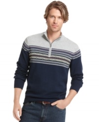 From dress pants to jeans, this fairisle stripe Izod sweater adds patterned pop to any outfit. From dress pants to jeans, this fairisle stripe Izod sweater adds patterned pop to any outfit.