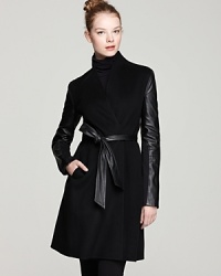 Dawn Levy's wool & leather jacket elegantly combines two of this season's best trends-mixed materials and clean lines-into a timelessly chic look. Dawn Levy's wool & leather jacket elegantly combines two of this season's best trends-mixed materials and clean lines-into a timelessly chic look.