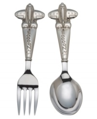 Here comes the airplane! Deliver your baby's meal via the adorable Zoom Zoom fork and spoon set from Reed & Barton. Child-friendly handles engraved with the sound of the aircraft's engine end in cute, cartoonish jets. Here comes the airplane! Deliver your baby's meal via the adorable Zoom Zoom fork and spoon set from Reed & Barton. Child-friendly handles engraved with the sound of the aircraft's engine end in cute, cartoonish jets.