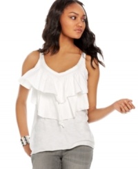 Create a feminine look on casual days with this versatile tank top from DKNY Jeans. Tiered ruffles at the chest make it great tucked-in with a skirt or left out over jeans! Create a feminine look on casual days with this versatile tank top from DKNY Jeans. Tiered ruffles at the chest make it great tucked-in with a skirt or left out over jeans!