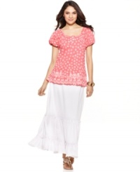 Vintage Suzie adds a romantic touch to the summer staple: a gauzy maxi skirt! Ruffles and gathering adds to the feminine feel. Vintage Suzie adds a romantic touch to the summer staple: a gauzy maxi skirt! Ruffles and gathering adds to the feminine feel.