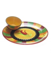 Get it while it's hot. The Caliente chip and dip from Certified International features a fiery palette and pepper design that's sure to spice up even ordinary meals. Get it while it's hot. The Caliente chip and dip from Certified International features a fiery palette and pepper design that's sure to spice up even ordinary meals.