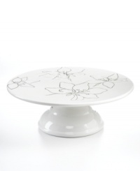 Hand painted and etched in dishwasher-safe earthenware, the Anna cake stand showcases everything from peach pie to chocolate cake with the always-fresh florals of Laurie Gates serveware. Hand painted and etched in dishwasher-safe earthenware, the Anna cake stand showcases everything from peach pie to chocolate cake with the always-fresh florals of Laurie Gates serveware.