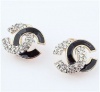 Angel Stars Gold Plated Australian Crystals and Black Enamel Double Cc C C Stud Earrings