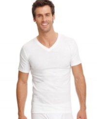 Sometimes clothing speaks for our being. Lucky for you, this v-neck tee provides a tell-all look into your keen sense of comfort, practicality and style. Classic design and cool, cotton fibers come together for a great look with a relaxed, lightweight fit. Features a tag-free, reinforced collar for shape retention. This everyday staple works well under anything; mix with dress clothes and look your best in a suit and tie. Sometimes clothing speaks for our being. Lucky for you, this v-neck tee provides a tell-all look into your keen sense of comfort, practicality and style. Classic design and cool, cotton fibers come together for a great look with a relaxed, lightweight fit. Features a tag-free, reinforced collar for shape retention. This everyday staple works well under anything; mix with dress clothes and look your best in a suit and tie.