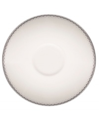 Set a dazzling tea or coffee service with this fine china saucer. From innovative designer Monique Lhullier, it features a platinum-edged tiered scallop pattern on creamy white. Set a dazzling tea or coffee service with this fine china saucer. From innovative designer Monique Lhullier, it features a platinum-edged tiered scallop pattern on creamy white.