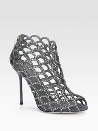 Light-catching Swarovski crystals adorn this modern cage silhouette rendered in soft Italian suede. Self-covered heel, 4¼ (110mm)Swarovski crystal-coated suede upperPeep toeBack zipLeather lining and solePadded insoleMade in Italy Light-catching Swarovski crystals adorn this modern cage silhouette rendered in soft Italian suede. Self-covered heel, 4¼ (110mm)Swarovski crystal-coated suede upperPeep toeBack zipLeather lining and solePadded insoleMade in Italy
