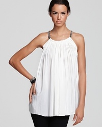 Elegant draping and crystal-embellished straps on this Madison Marcus tank create a look fit for a glamor goddess. Elegant draping and crystal-embellished straps on this Madison Marcus tank create a look fit for a glamor goddess.