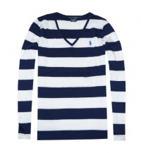 Ralph Lauren Sport Women Pima Cotton Striped Pony Logo Long Sleeve V-Neck T-Shirt (S, Navy/white) Ralph Lauren Sport Women Pima Cotton Striped Pony Logo Long Sleeve V-Neck T-Shirt (S, Navy/white)