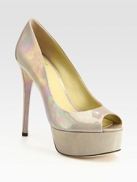 Peep toe pump of pearly patent leather has an ultra-high heel, covered platform and padded insole. Self-covered heel, 5 (125mm)Covered platform, 1½ (40mm)Compares to a 3½ heel (90mm)Patent leather upperLeather lining and solePadded insoleImportedOUR FIT MODEL RECOMMENDS ordering one half size up as this style runs small. Peep toe pump of pearly patent leather has an ultra-high heel, covered platform and padded insole. Self-covered heel, 5 (125mm)Covered platform, 1½ (40mm)Compares to a 3½ heel (90mm)Patent leather upperLeather lining and solePadded insoleImportedOUR FIT MODEL RECOMMENDS ordering one half size up as this style runs small.
