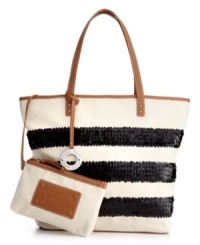 Add a little sparkle and shine with the If The Tote Fits Tall Sequined Large Tote from Nine West. Stripes of gleaming sequins detail a casual linen silhouette for a glam summer appeal. Add a little sparkle and shine with the If The Tote Fits Tall Sequined Large Tote from Nine West. Stripes of gleaming sequins detail a casual linen silhouette for a glam summer appeal.