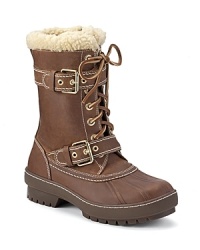 Fluffy, fun and functional, you'll quickly warm up to these Sperry Top-Sider cold weather boots. Rugged leather and faux shearling give them stylish, bomber jacket-influenced looks.