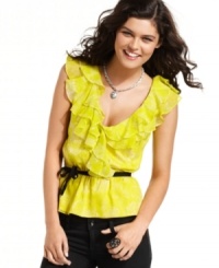 So fresh and so femme! Tiers of ruffles bloom along the deep v-neckline of a printed top that adds bright style to your day. From Rampage. So fresh and so femme! Tiers of ruffles bloom along the deep v-neckline of a printed top that adds bright style to your day. From Rampage.