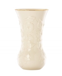 Morning glories spring from ivory porcelain, giving this Lenox Floral Meadow vase a delightfully understated grace. A band of sumptuous gold adds to its classic allure. Morning glories spring from ivory porcelain, giving this Lenox Floral Meadow vase a delightfully understated grace. A band of sumptuous gold adds to its classic allure.