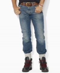 Constructed for a classic fit in a light indigo wash, a modern jean is finished with subtle whiskering and distressed details for a hint of well-worn comfort. Constructed for a classic fit in a light indigo wash, a modern jean is finished with subtle whiskering and distressed details for a hint of well-worn comfort.