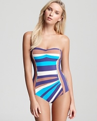 Graphic stripes and a playful silhouette define this vintage-inspired swimsuit from MARC BY MARC JACOBS. Graphic stripes and a playful silhouette define this vintage-inspired swimsuit from MARC BY MARC JACOBS.