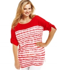 Be casually chic on the weekends in J Jones New York's three-quarter sleeve plus size top, featuring whimsical stripes. Be casually chic on the weekends in J Jones New York's three-quarter sleeve plus size top, featuring whimsical stripes.