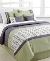 Misty horizons. In refreshing shades of blue and green, this Cheshire comforter sets offers a look of modern serenity to the bedroom, featuring simple solids embellished with contemporary designs. Comes complete with shams, bedskirt and decorative pillows for a cool, crisp atmosphere. Misty horizons. In refreshing shades of blue and green, this Cheshire comforter sets offers a look of modern serenity to the bedroom, featuring simple solids embellished with contemporary designs. Comes complete with shams, bedskirt and decorative pillows for a cool, crisp atmosphere.