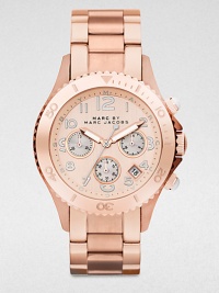 A technical timepiece in warm rose goldtone ion-plated stainless steel. Quartz movementWater resistant to 5 ATMRound rose goldtone ion-plated stainless steel case, 40mm (1.6)Decorative engraved bezelRose goldtone chronograph dialNumeric hour markersDate display between 4 and 5 o'clockSecond hand Rose goldtone ion-plated stainless steel link braceletImported A technical timepiece in warm rose goldtone ion-plated stainless steel. Quartz movementWater resistant to 5 ATMRound rose goldtone ion-plated stainless steel case, 40mm (1.6)Decorative engraved bezelRose goldtone chronograph dialNumeric hour markersDate display between 4 and 5 o'clockSecond hand Rose goldtone ion-plated stainless steel link braceletImported