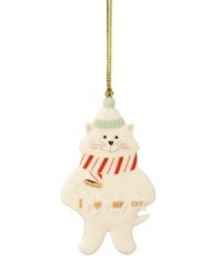 Deck the tree with your favorite feline this Christmas. This precious porcelain kitty is painted with a candy cane striped scarf and finished with gold detailing. Deck the tree with your favorite feline this Christmas. This precious porcelain kitty is painted with a candy cane striped scarf and finished with gold detailing.