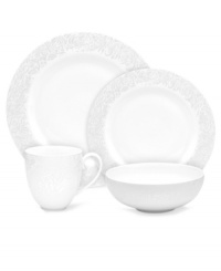 A soft, feminine look with Denby durability, the Lucille Silver place setting offers enduring everyday style. Shimmering swirls adorn creamy bone china in a pattern inspired by vintage lace and designed by English stylemaker, Monsoon. A soft, feminine look with Denby durability, the Lucille Silver place setting offers enduring everyday style. Shimmering swirls adorn creamy bone china in a pattern inspired by vintage lace and designed by English stylemaker, Monsoon.