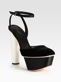 An angular platform lifts this on-trend suede silhouette, with an adjustable ankle strap and towering satin-covered heel. Satin-covered heel, 5¼ (130mm)Satin-covered platform, 1¾ (45mm)Compares to a 3½ heel (90mm)Suede and satin upperSatin adjustable ankle strapLeather lining and solePadded insoleMade in Italy