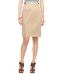 Pair this petite Calvin Klein pencil skirt with a simple, tucked-in top to show off the chic faux leather buckles at each side of the waist. Pair this petite Calvin Klein pencil skirt with a simple, tucked-in top to show off the chic faux leather buckles at each side of the waist.