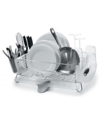 Put every dish in its place with this stainless steel drying rack from OXO. With plenty of room for all of your dishes, and a flexible drain spout that directs water directly into the sink, you'll find kitchen cleanup easier than ever. When the dishes are put away, just fold up the side walls for easy storage anywhere. Limited lifetime warranty. Put every dish in its place with this stainless steel drying rack from OXO. With plenty of room for all of your dishes, and a flexible drain spout that directs water directly into the sink, you'll find kitchen cleanup easier than ever. When the dishes are put away, just fold up the side walls for easy storage anywhere. Limited lifetime warranty.